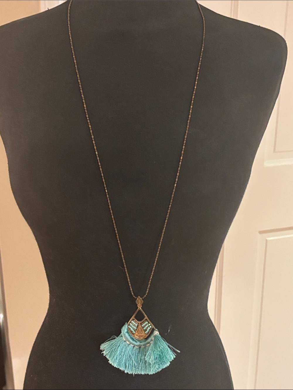 Anthropologie Teal Fringe Pendant Necklace